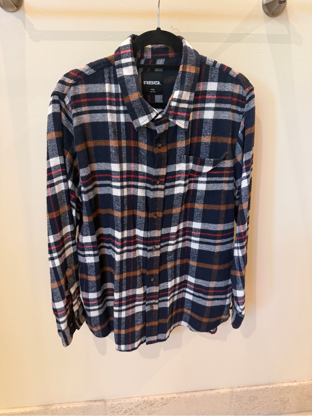 RSQ Men's Navy, White & Brown Plaid Button-Down Shirt